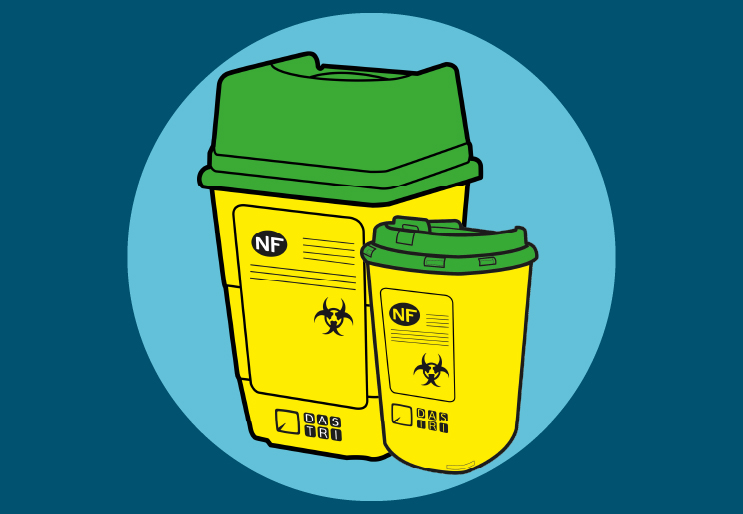 Boîte jaune de DASTRI pour déchets de soins piquants, coupants et tranchants